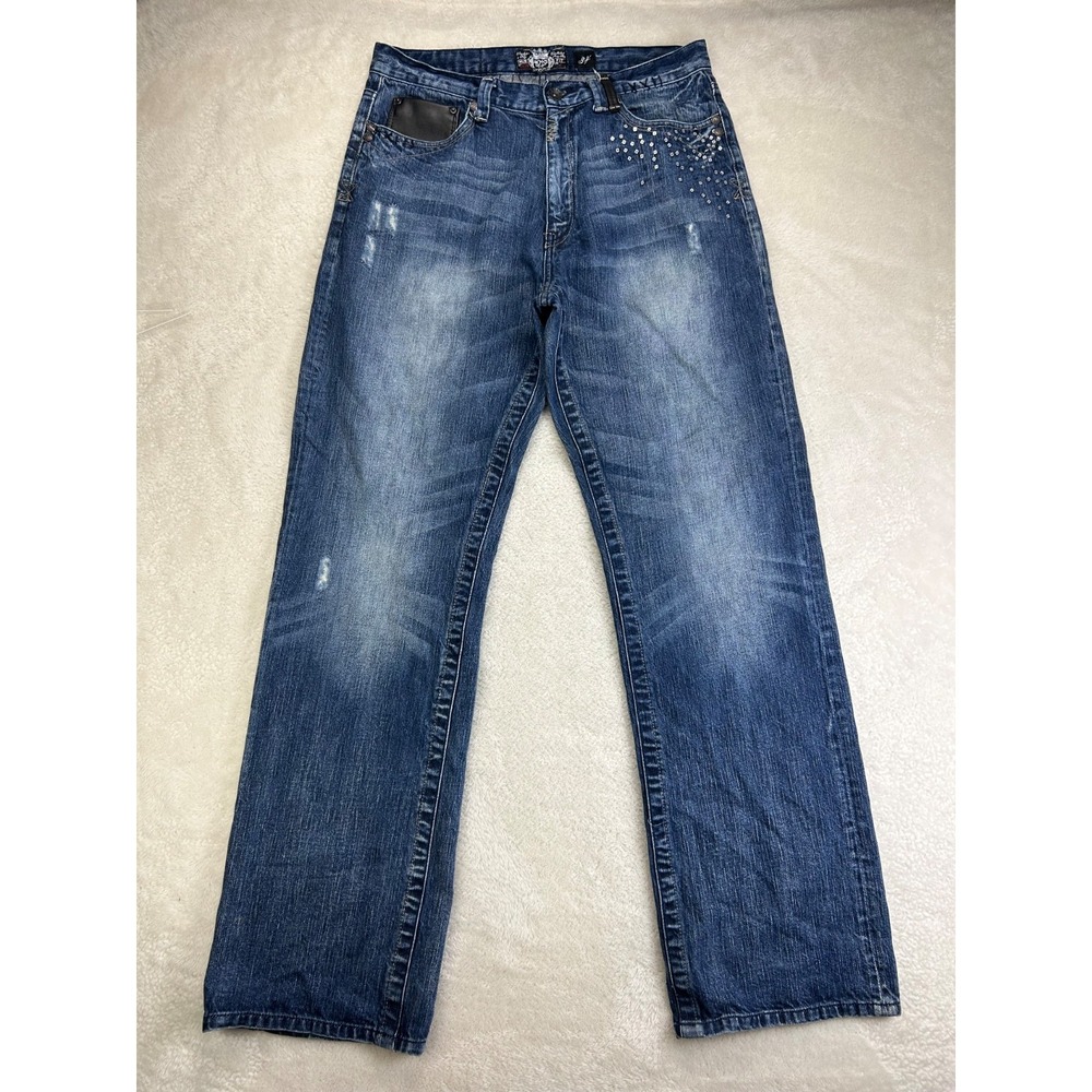 Akademiks In Pursuit Of Truth Jeans Mens 34 Blue Denim Sequin Straight 2000s Y2K